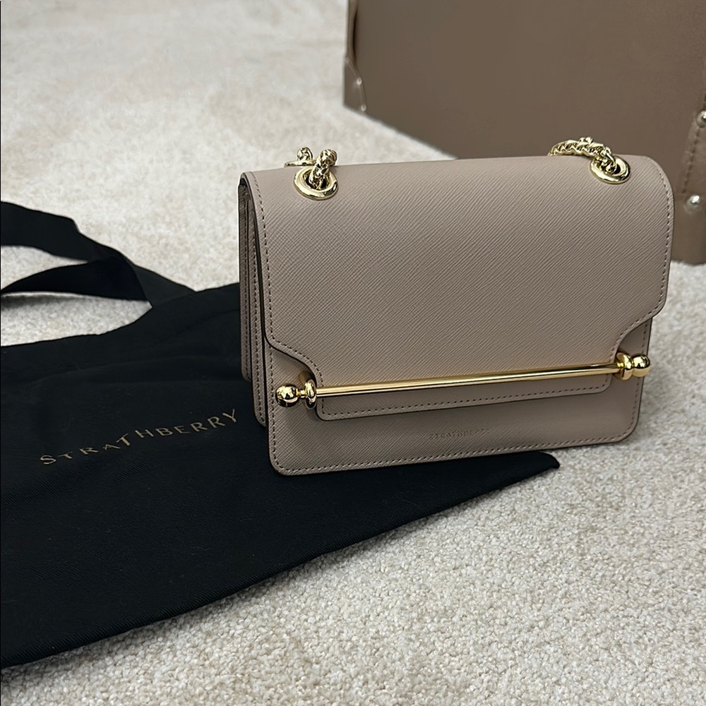 Strathberry Beige Cappucino Leather Mini East West Crossbody Bag